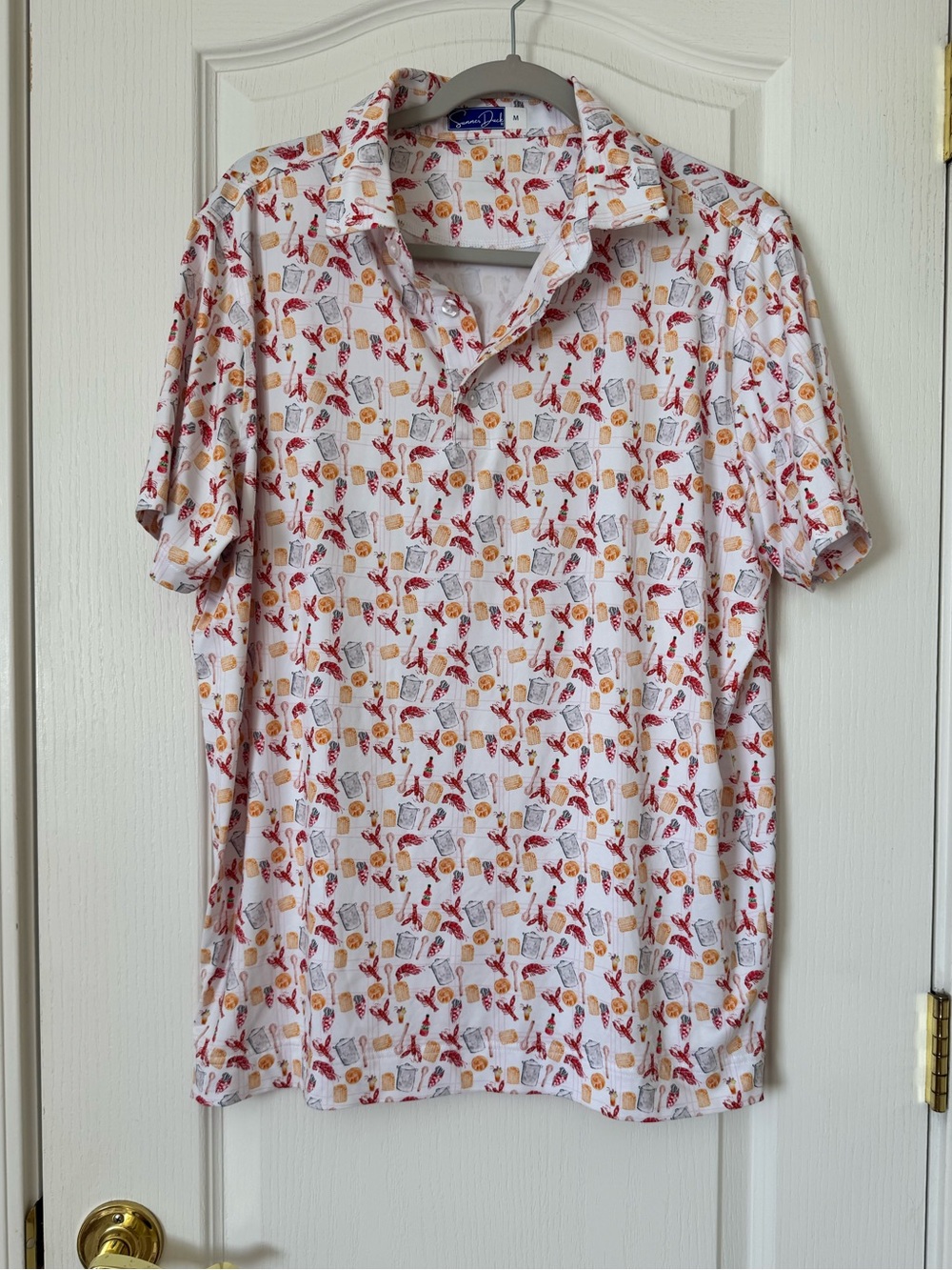 Summer Duck Men’s Cajun Seafood & Cocktail Print Performance Polo Shirt Medium